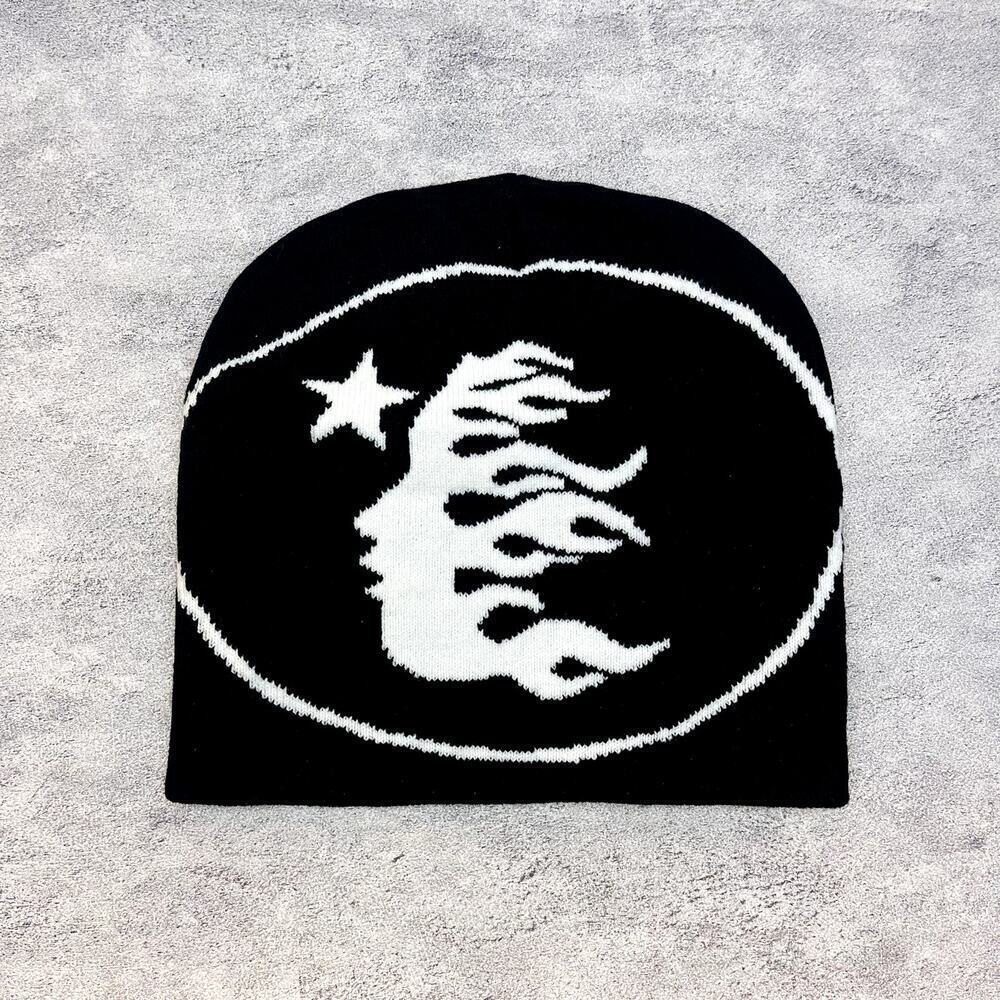 grunge gothic punk star face cozy black and white beanie